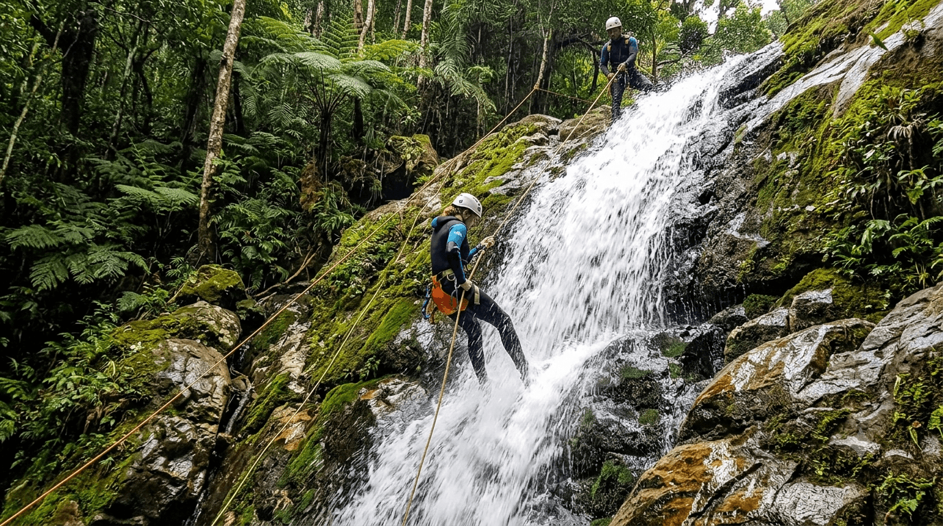 Guides abseiling down a waterfall in the Makandawa Reserve rainforest, Kithulgala