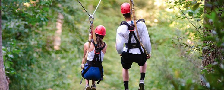 Zipline landing platform surrounded by rainforest canopy